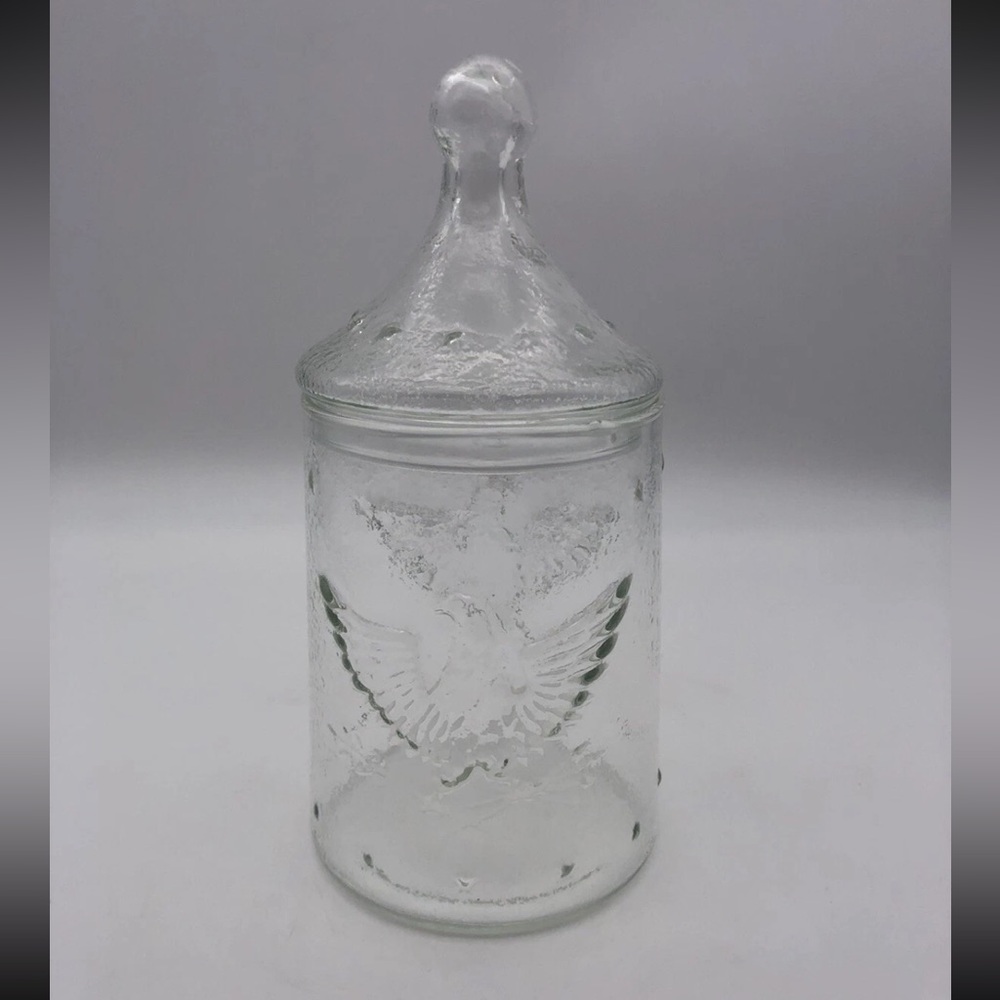 Vintage Glass Apothecary Jar With Lid Embossed Eagle Star Design Patriotic￼